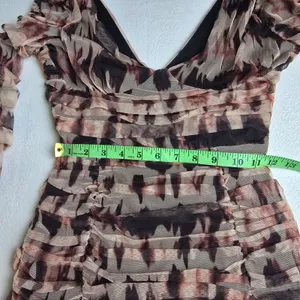 Zara NWT Brown Ruched Tulle Mesh Tie‎ Dye V-Neck Mini Dress Long Sleeve Small thumbnail 8