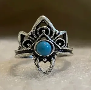 Silver Vintage Bohemian Lotus Flower Ring thumbnail 1