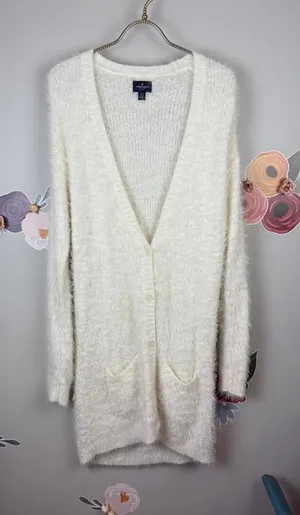 American Eagle Creamy Ivory Longline Tunic Cardigan Sweater - Size - Medium thumbnail 1
