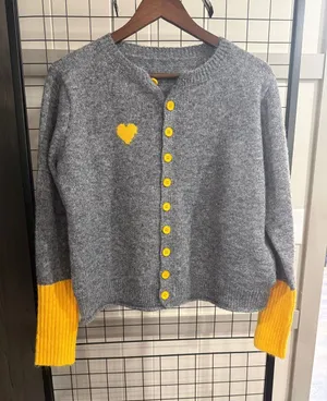 Gray & Yellow Heart-Accent Cardigan Sweater thumbnail 1