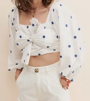 FARM RIO White Embroidered 3D Floral Top Size Small‎ Front Tie thumbnail 1