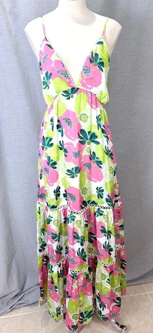 NWT Rubienn Maxi Dress L Pink Lime Green Floral Low Back Tiered Lace Trim Resort thumbnail 1