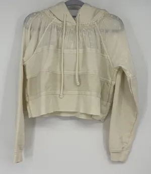 Free People‎ XS Cream Eyelet Mixed Media Cropped Oversized Hoodie Sweatshirt thumbnail 1