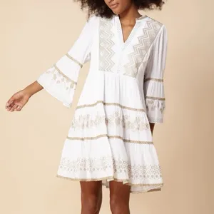 Hale Bob White Gold Embroidered Boho V Neck Tiered Gauze Taliah Dress MEDIUM thumbnail 3