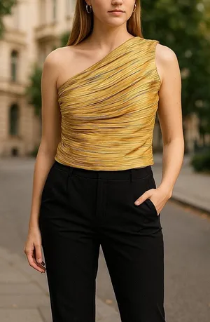 Joie‎ Womens Gold One Shoulder Pleated Top Small NEW thumbnail 1