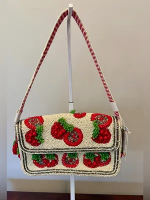 Beaded Cherry Shoulder Bag in Cream and Red thumbnail 1