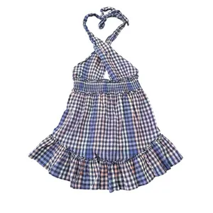 Aerie Halter Mini Dress Blue Pink Gingham‎ Plaid Smocked Waist Ruffle Hem Medium thumbnail 2
