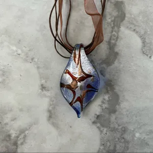 Hand‎ Blown Brown and Blue Glass Pendant Necklace and Brown Ribbon Chain thumbnail 2