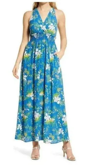 Halogen Blue Floral Smocked Waist Maxi Dress Medium Sleeveless V-Neck‎ NWOT thumbnail 1