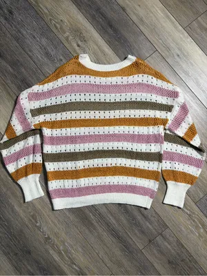 Striped Open-Knit Crewneck Boho Sweater Women’s Small thumbnail 6