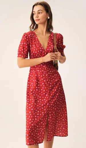 Rihoas Red Floral Ruched Midi Dress thumbnail 3