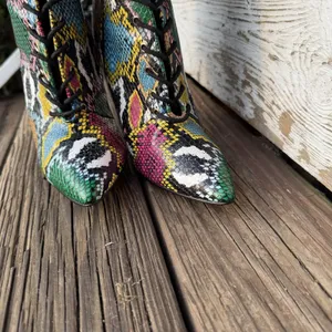 Liliana Womens Size 8 Colorful Snakeskin Lace Up Stiletto Knee High Boots thumbnail 5