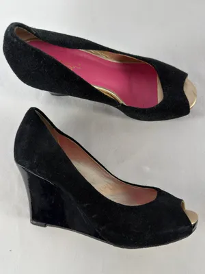 Lilly Pulitzer Suede Peep Toe Wedge Slip On Heels in‎ Black Size 7 thumbnail 1