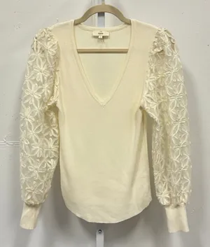 Entro Cream Ribbed V-Neck Sweater‎ Floral Lace Balloon Sleeve Top T19885 Large thumbnail 1