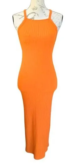 Zara Women's Orange Ribbed‎ Midi Dress Halter Neck Open Back Size Small thumbnail 1