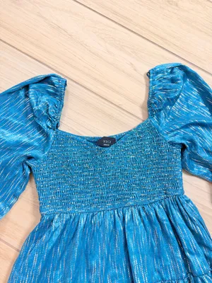 VICI Teal Metallic Stripe Tiered Mini Dress Smocked Puff Sleeve NWOT Size M thumbnail 3