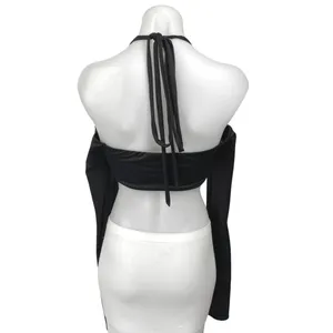 Edikted Women's Black Halter Tie Long Cold Shoulder Backless Cropped Top Size S thumbnail 2