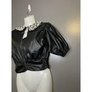 Maeve Blouse Womens XS Black Faux Leather Pearl Beaded Collar Cropped Zip Top thumbnail 5
