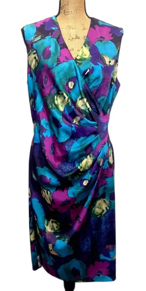 Lauren Ralph Lauren Satin Drape Front Ruched Dress‎ Floral Purple Teal Size 14 thumbnail 1