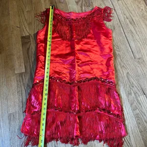 Encore Roots Red Satin Fringe Sequin Flapper Dress Vintage Made in USA Womens M thumbnail 4