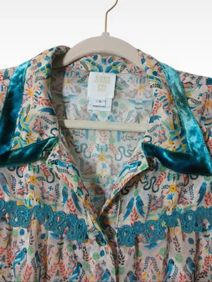 Anna Sui Boho Velvet Trim Printed Tunic Mini Dress - Long Sleeve Button Front L thumbnail 4