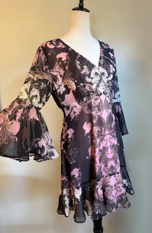 Boston Proper Pink Black Bell Sleeve Ruffle Mini Dress 8 dainty boho whimsi Y2K thumbnail 1
