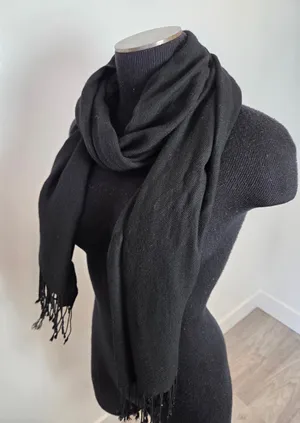 Black Fringe Trim Scarf Rectangle Classic Lightweight Academia Whimsigoth Unisex thumbnail 1
