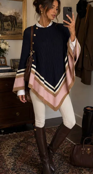 Talbots Cable Knit Cashmere Blend Poncho Navy Pink Camel Colorblock Cape XS thumbnail 1