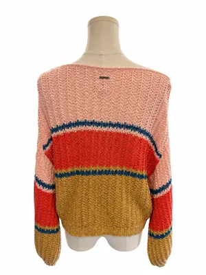 Billabong Size Large Open Knit Colorblock Lightweight Sweater Pink Rust Tan thumbnail 3