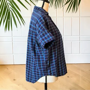 Madewell XS Blue Plaid Short Sleeve Popover Shirt 100% Cotton thumbnail 4