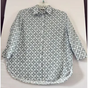 Zara Linen Floral‎ Print Button-up Shirt Tunic, 3/4 Sleeve, White/Blue XSmall thumbnail 1