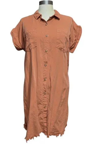Thread Supply M Button Down Shirt Dress Peach Burnt Tangerine Boho Lyocell‎ thumbnail 1