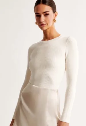 Abercrombie & Fitch Soft A&F Essentials Crewneck Ribbed Bodysuit in White thumbnail 1
