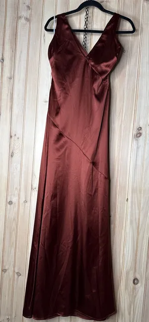 NWT Lulus Purely Elegant Rust Brown Satin Twist-Back Maxi Dress Bridesmaid Sz M thumbnail 1