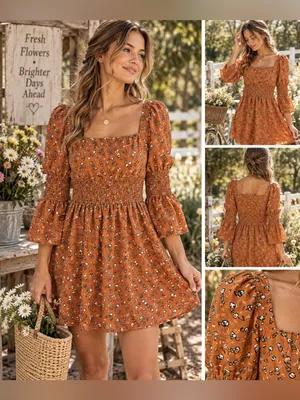 NWOT T.B.F.O Rust Orange Ditsy Floral Smocked Mini Dress Size Medium thumbnail 2