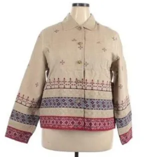 COLDWATER CREEK Beige Tan Red Blue Cross Stitch Linen Etc Shacket Jacket Medium thumbnail 2