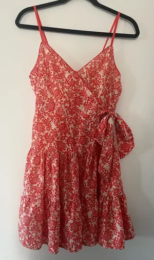 Red Cream Floral Wrap Mini Dress Small Tie Waist Beachy Resort Vacation Summer thumbnail 1