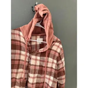 American Eagle Outfitters Womens Mauve Plaid Hooded Flannel Shirt Medium Fall thumbnail 2