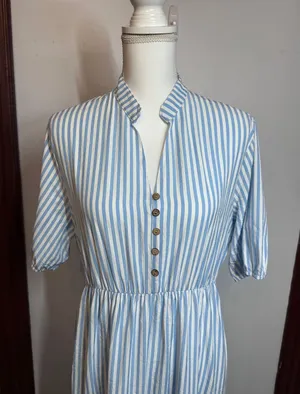 Blue White Striped Tiered Midi Dress XL Short Sleeve Button Front Coastal Boho thumbnail 1