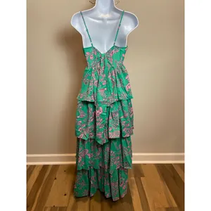 Entro Green Pink Floral Ruffle Dress Size M Square Neck Layered Boutique thumbnail 4