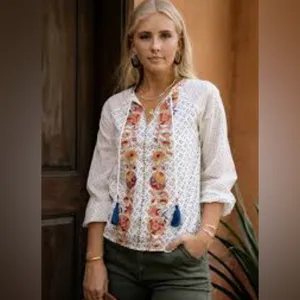 NWT Bohme Spanish Embroidered White Top Tassels Gold Beading M thumbnail 5