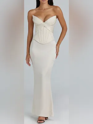 NEW HOUSE OF CB Eve Satin Strapless Corset cream Gown Sz M thumbnail 2