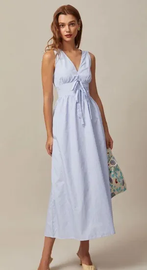 Rihoas Blue V Neck Shirred Striped Maxi Dress thumbnail 5