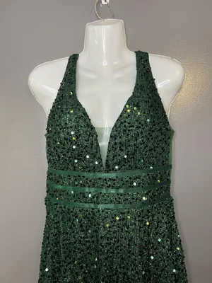 FAERIESTY Dress Womens Medium Green Sequin V-Neck Fit & Flare Maxi Formal Gown thumbnail 1