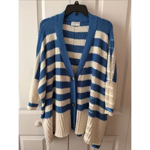 First Love Cozy Striped Oversized Cardigan Sweater Blue & Cream Size XL thumbnail 3