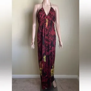 Alice + Olivia Silk V-Neck Halter Top Maxi Dress Red Orange Roses Size Large thumbnail 2
