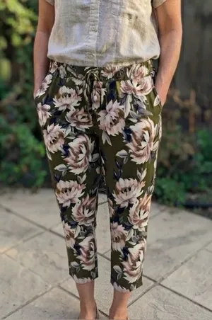 STARS ABOVE floral pajama pant tassel drawstrings 2 pockets olive green size L thumbnail 1