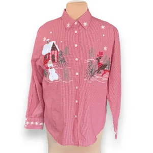 Vintage Karen Scott Red Gingham Christmas Shirt Snowman Reindeer Large Cabincore thumbnail 2
