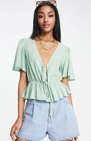 NWT Asos Mint Green Short Angel Sleeve Peplum Tea Blouse Tie Boho Waist Size 6 thumbnail 1