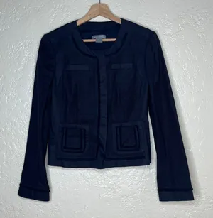 Ann Taylor Navy Italian Fabric Fringe Trim Textured Blazer Jacket 4 229422 thumbnail 1